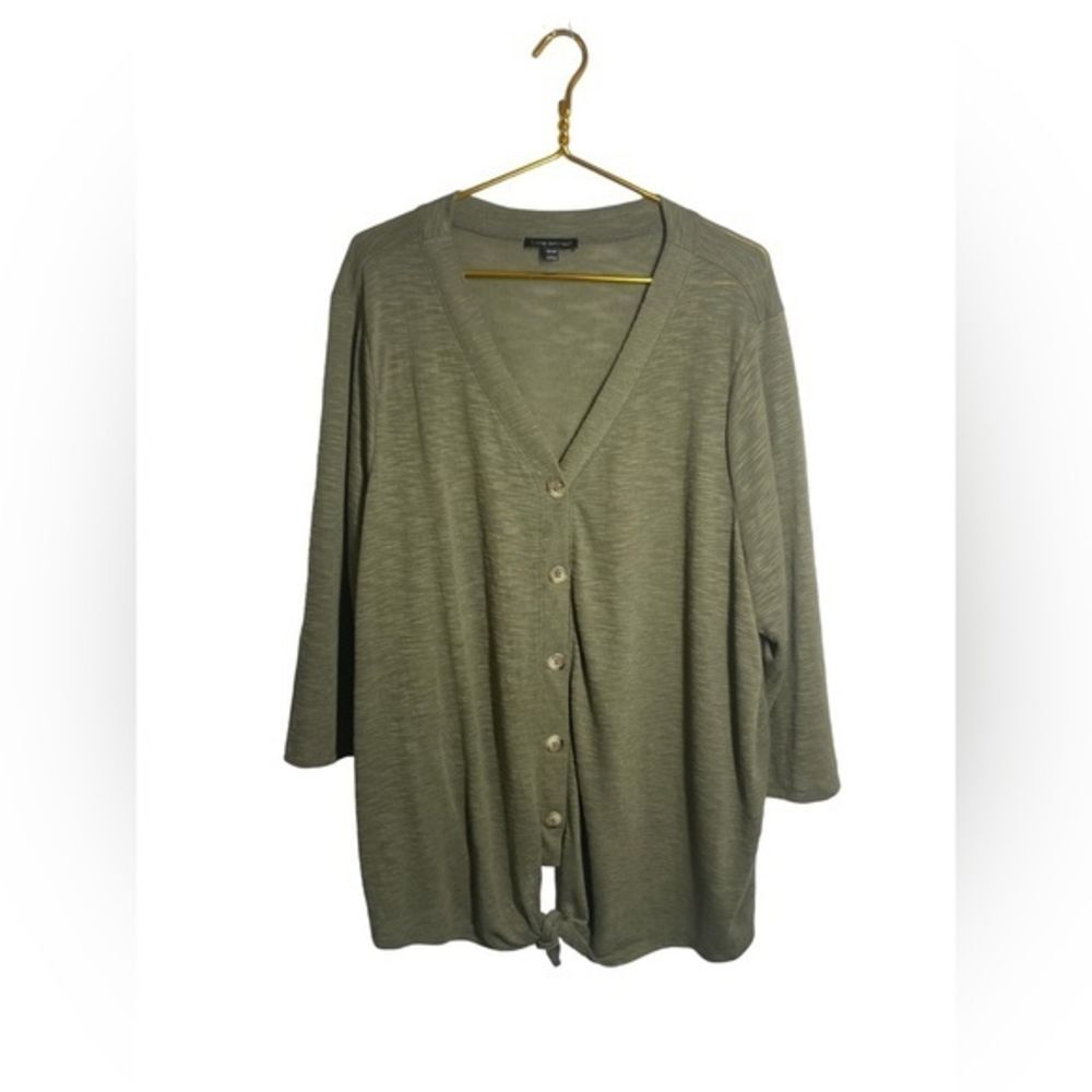 Lane Bryant Olive Green Tie Front Button Up‎ Slub Knit Top, Size 26/28